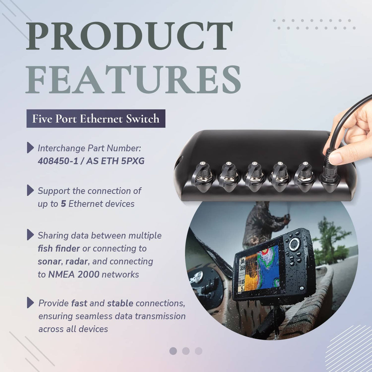 Black 5-port Ethernet switch with visible top connectors, held in hand.