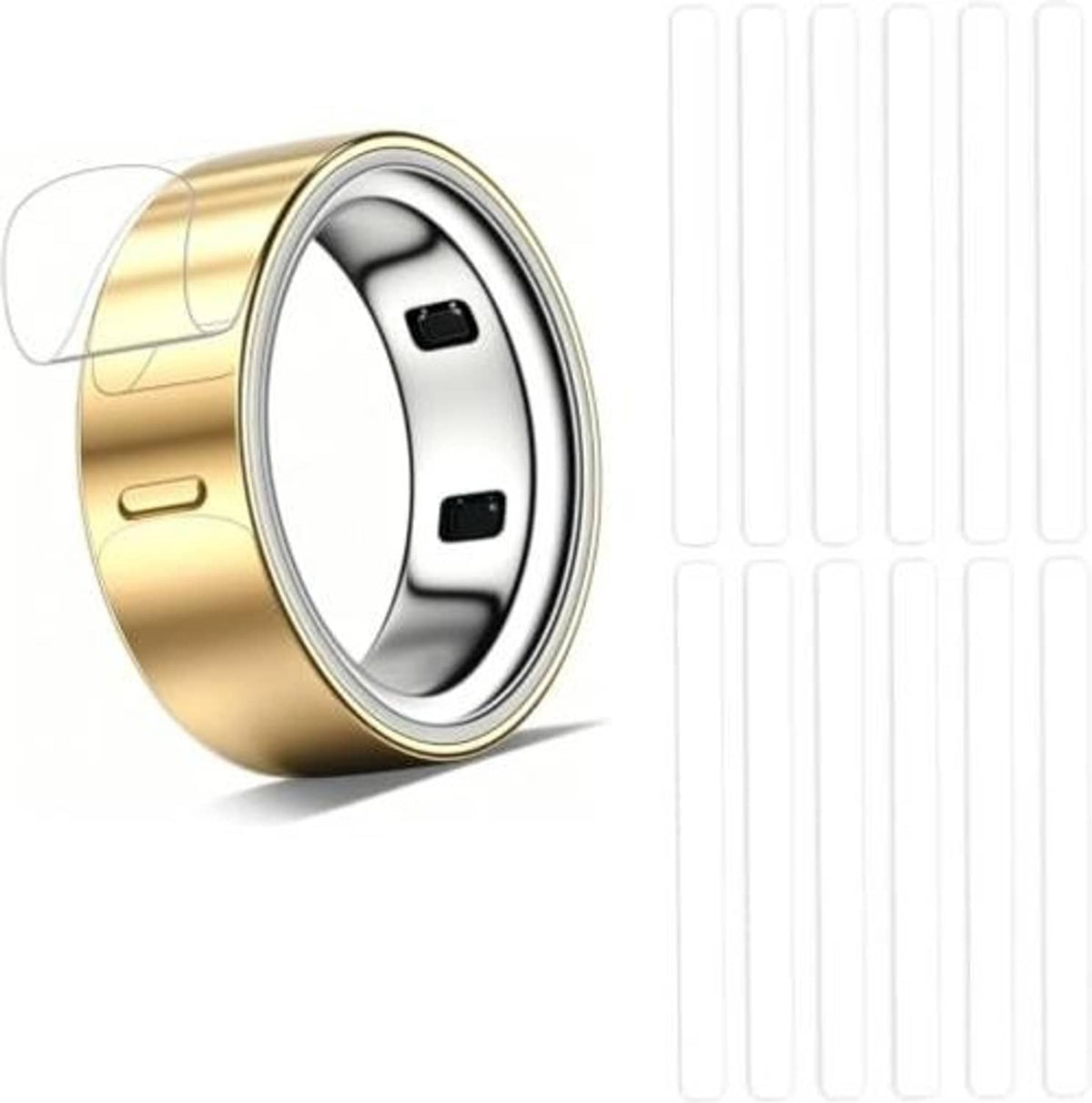 Clear ring cover film over gold ring with chrome bezel and transparent shield
