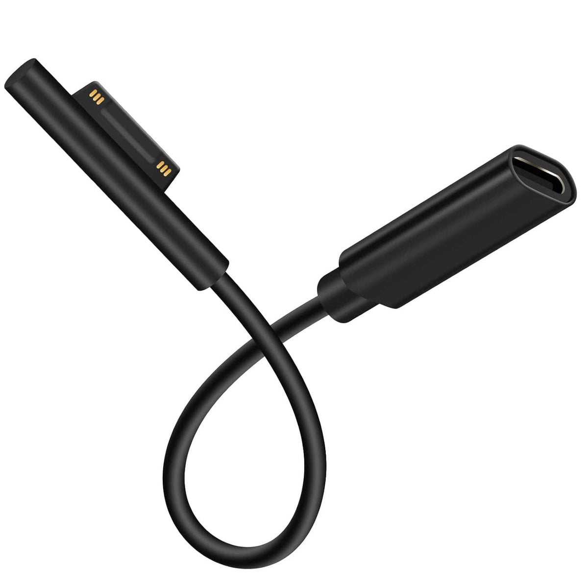 Black Surface-style charging cable with USB-C plug and gold contact pins
