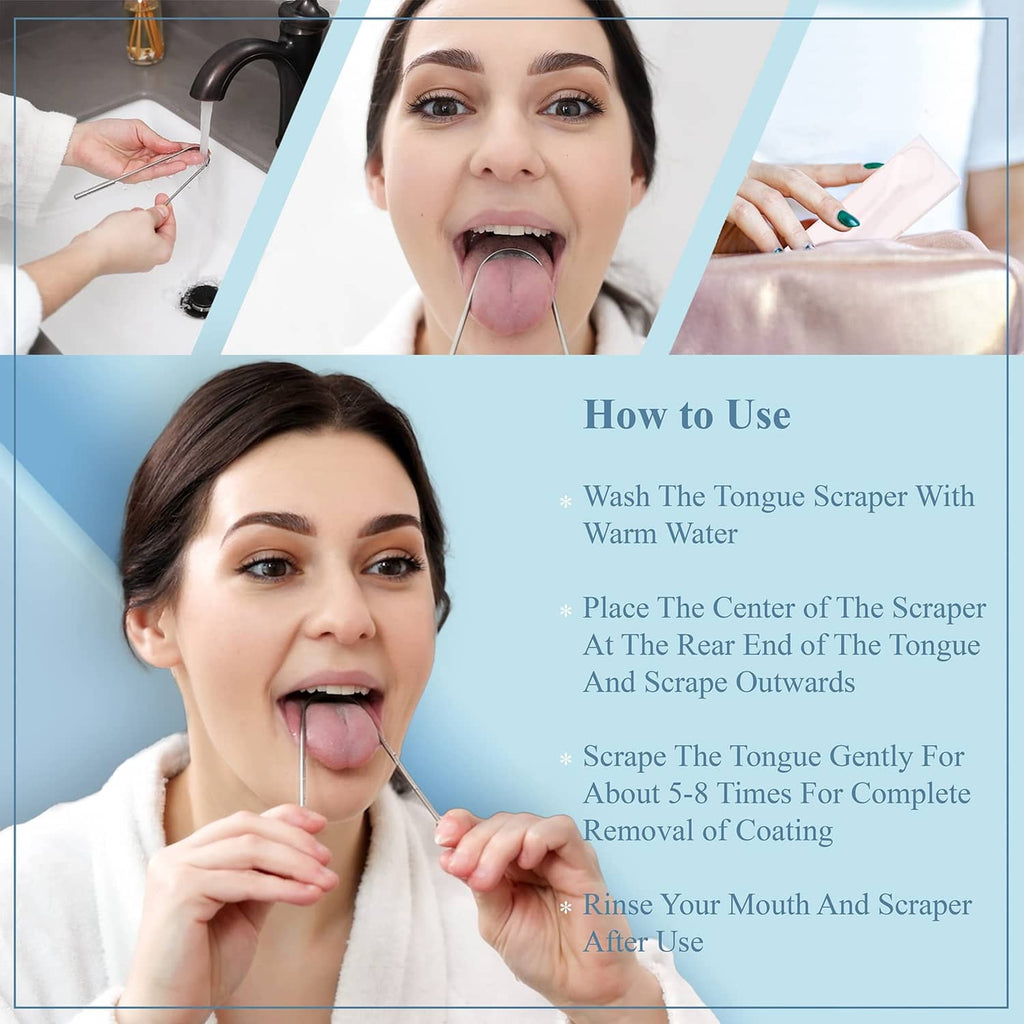 Adult using tongue scraper over sink; how-to steps graphic on packaging.