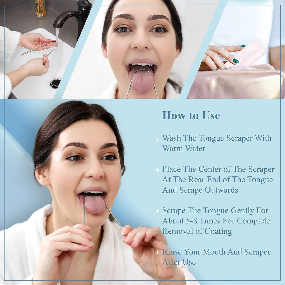 Adult using tongue scraper over sink; how-to steps graphic on packaging.