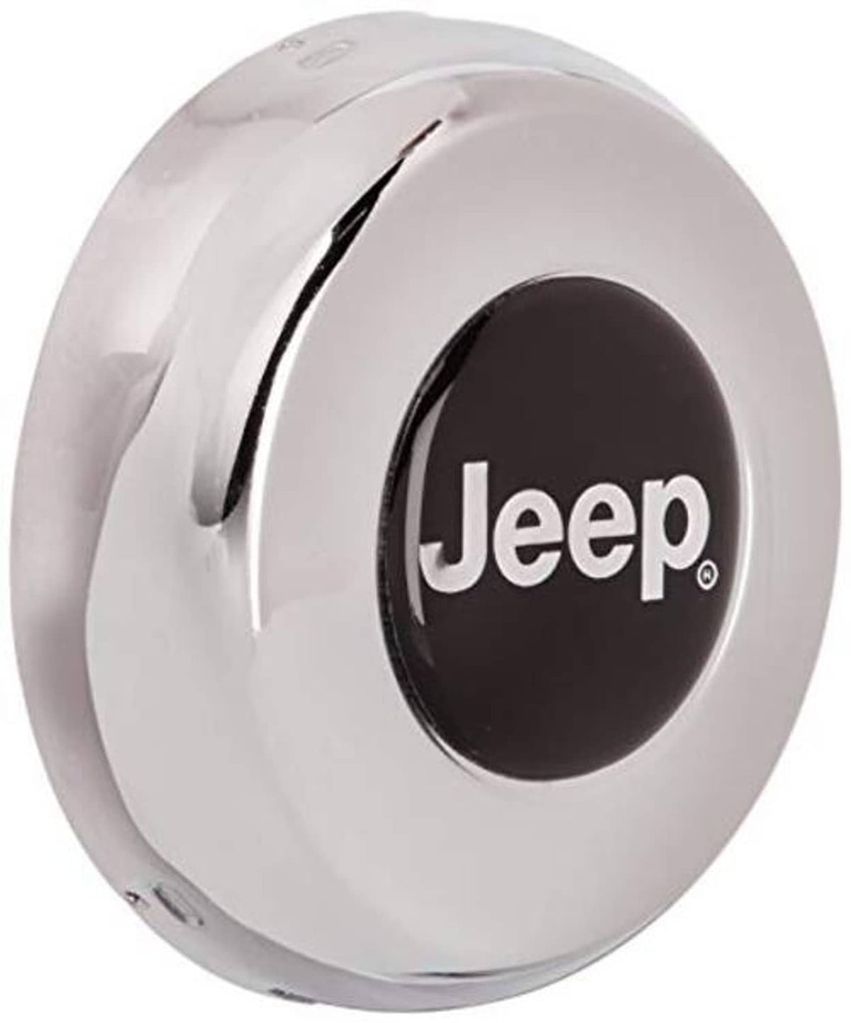 White steering wheel center cap with Jeep logo, angled view