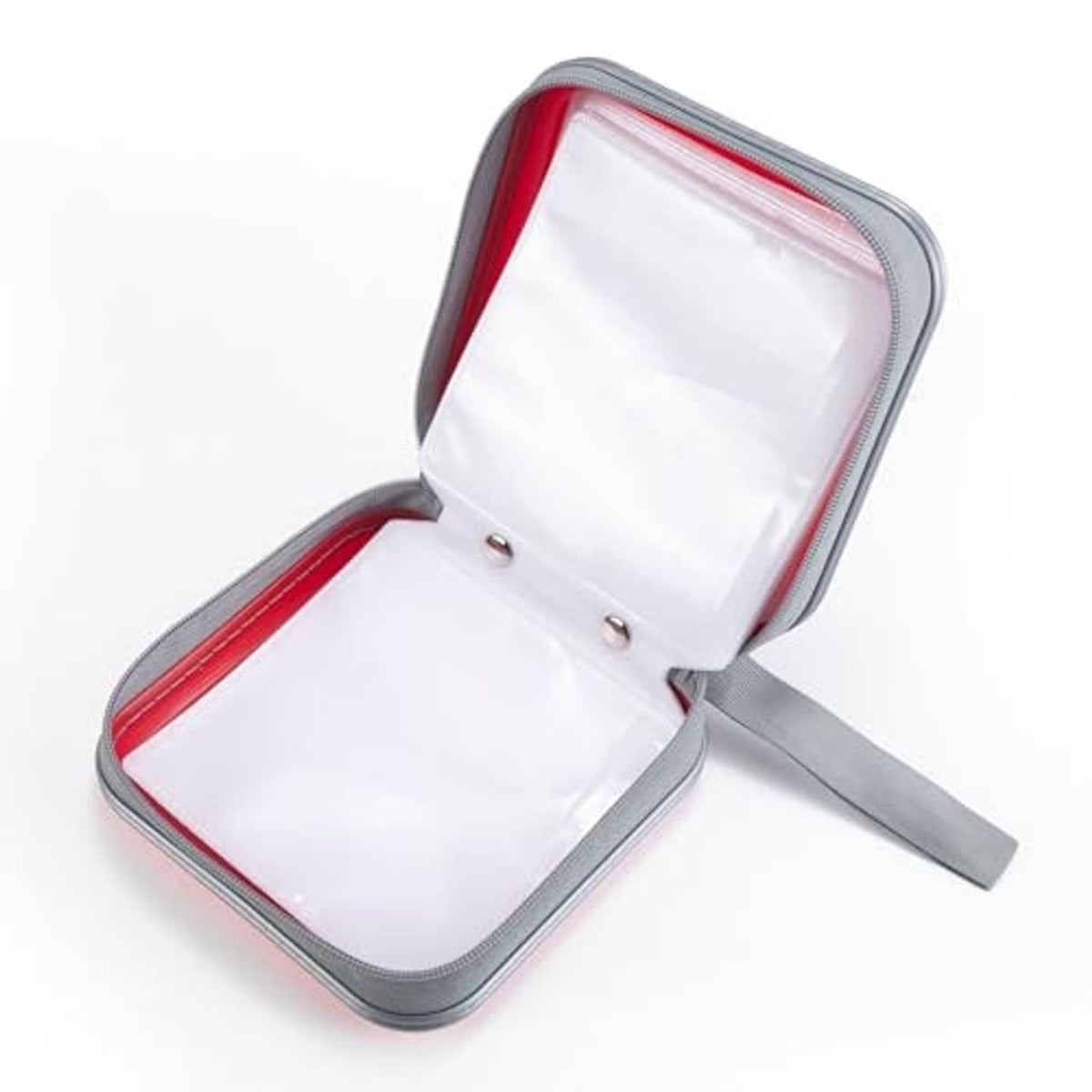 Open red and gray hard DVD case showing white inner panels and zipper track