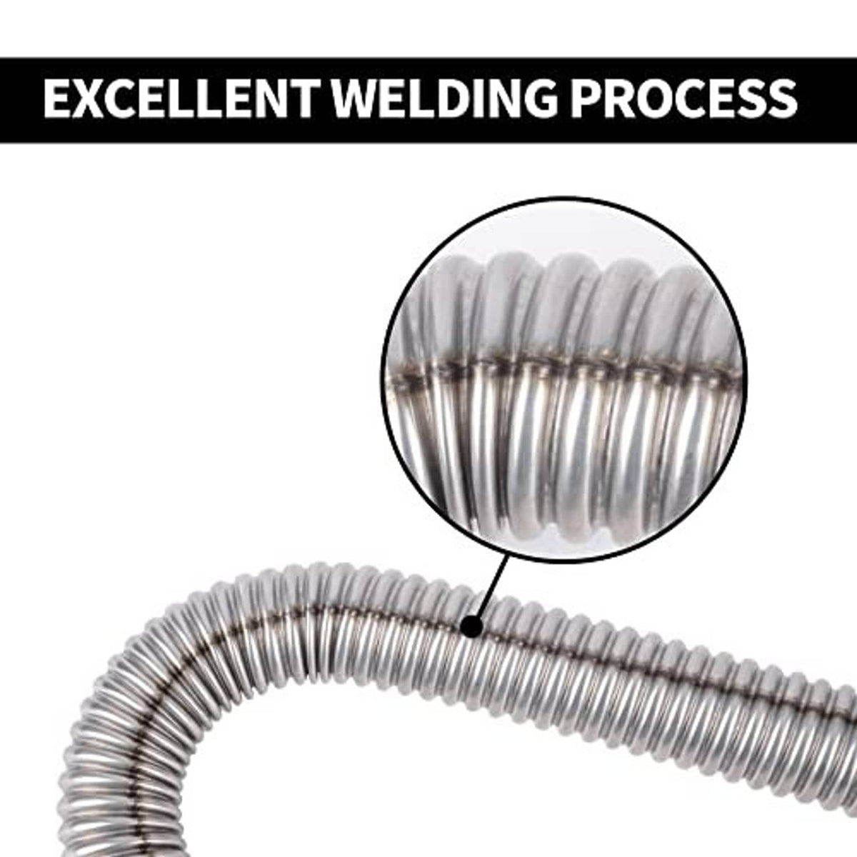 Stainless steel exhaust hose spring coil with visible welded turns near the end