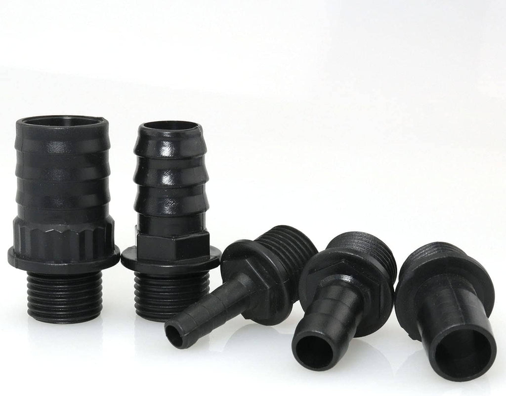Black plastic nozzle adapters with stepped tips and threaded bases, assorted set
