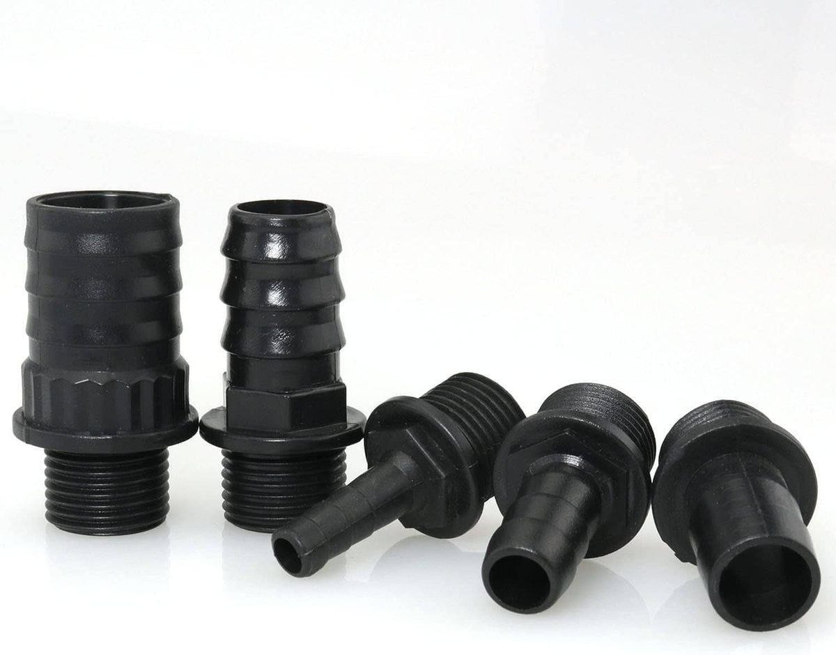 Black plastic nozzle adapters with stepped tips and threaded bases, assorted set