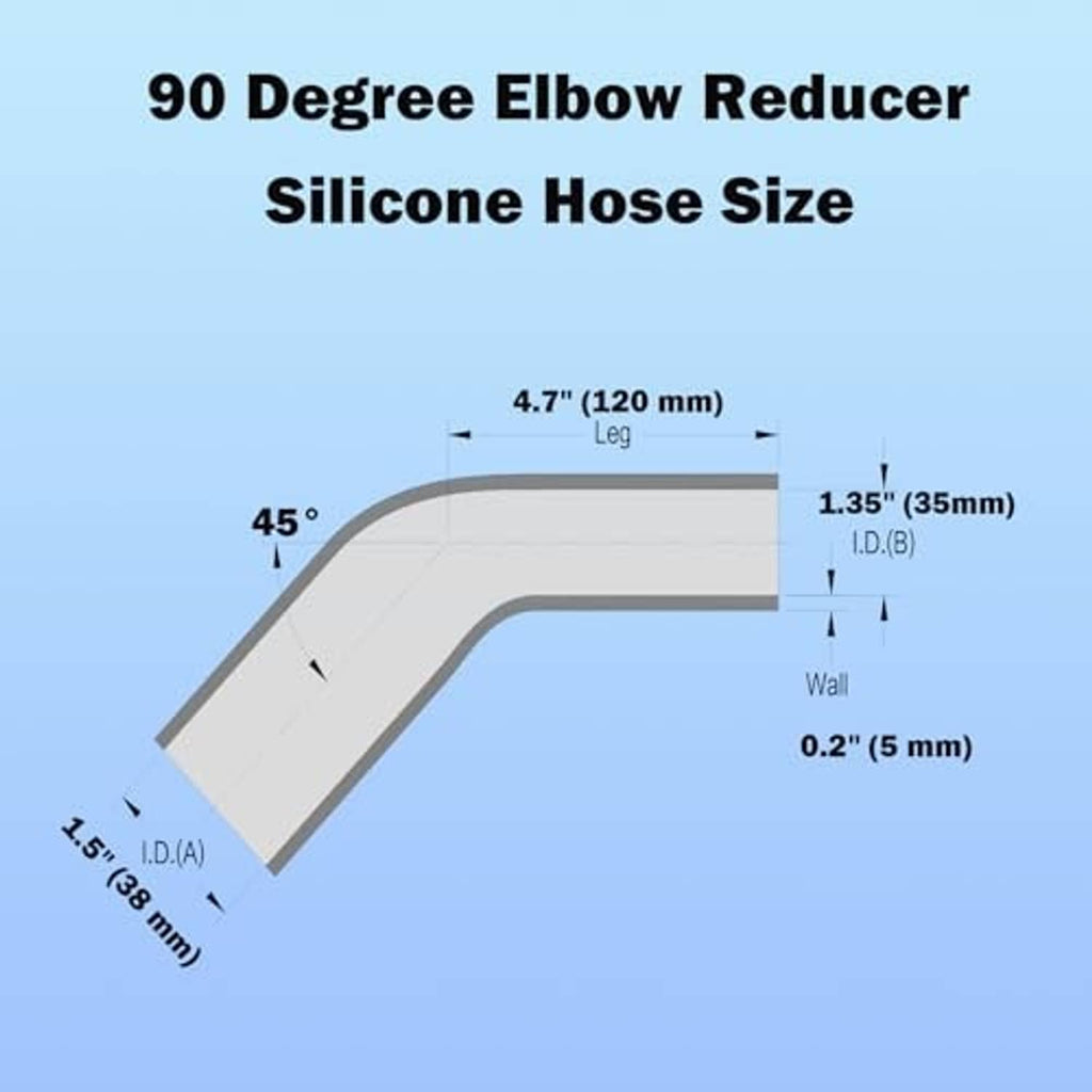 Black silicone 90-degree elbow reducer hose shown with size/leg dimension diagram