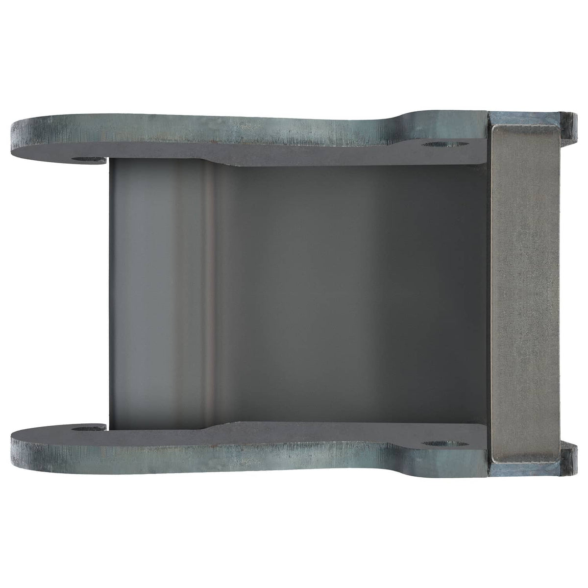 Rectangular excavator coupler bracket with open top bucket cradle and side mounting plate