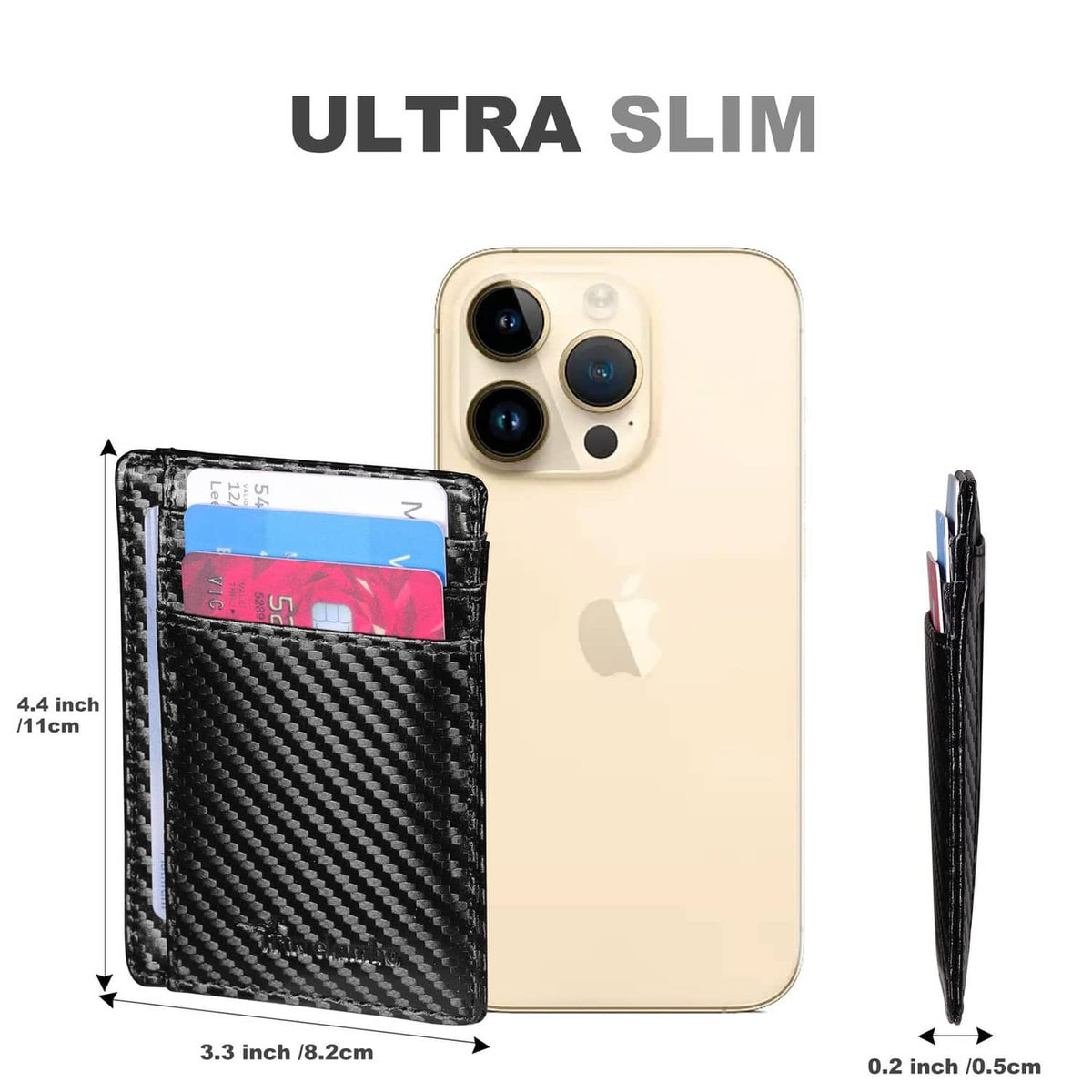 Ultra-slim black carbon-fiber card wallet holding cards inside front pocket