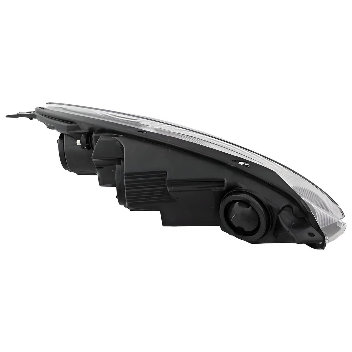 Left halogen headlight assembly with bulb, black housing, side view projector lens