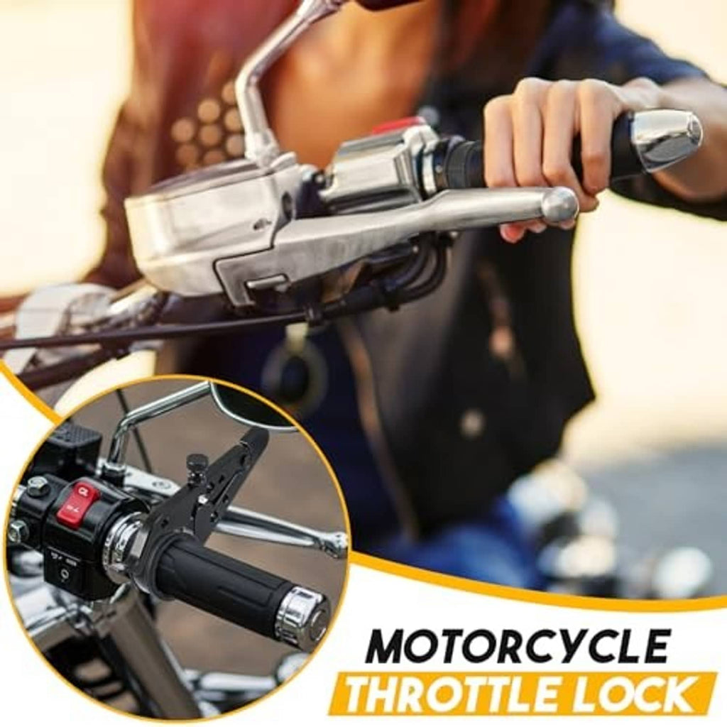 Black throttle lock attached to motorcycle handlebar near throttle grip