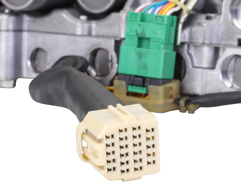 CVT transmission valve body connector block with bundled wires on metal case