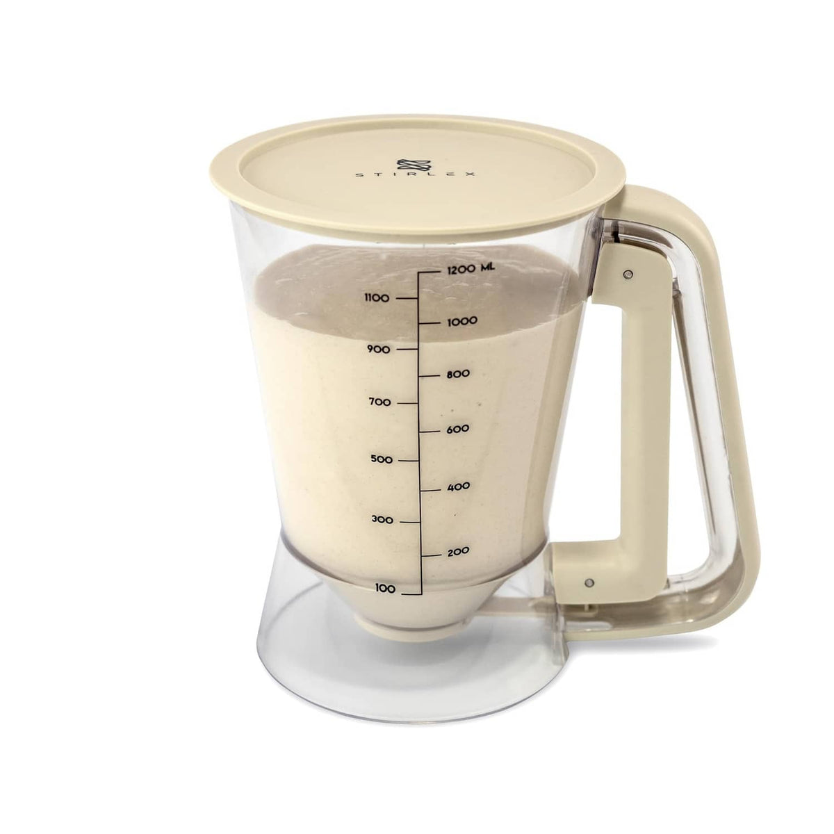Beige 5-cup batter dispenser showing measurement markings on clear cup