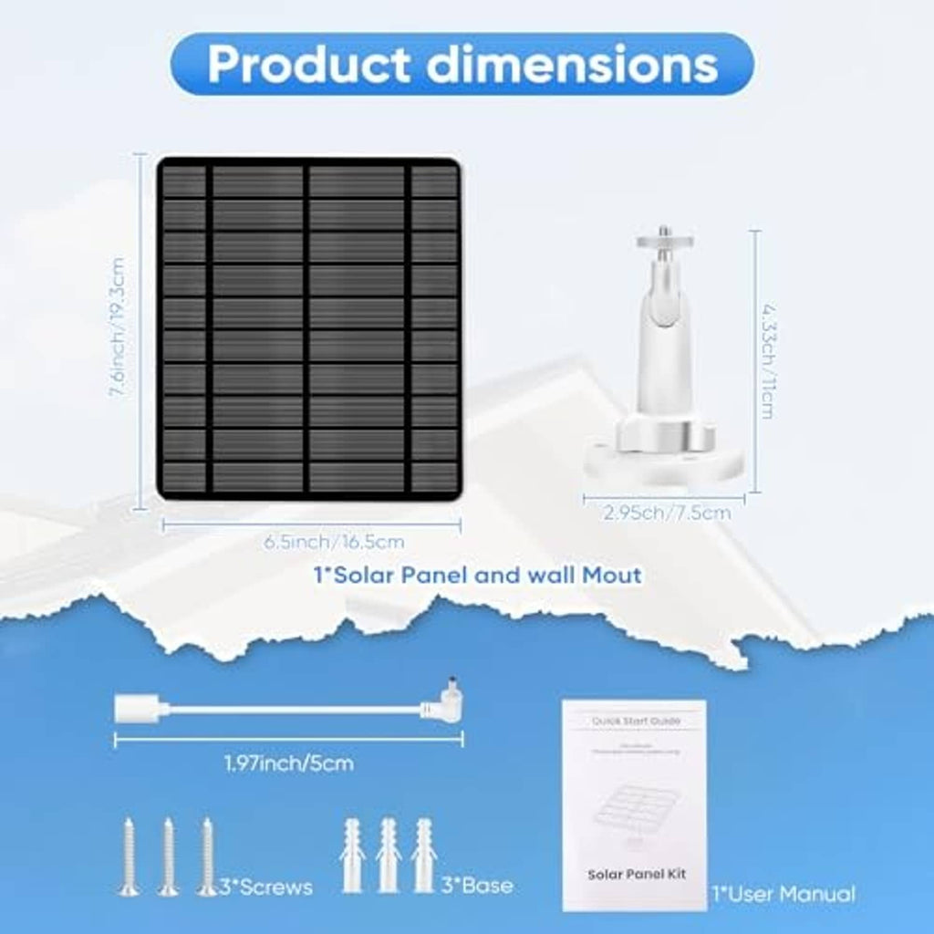 Solar panel with mounting bracket, screws, and included installation cable and base