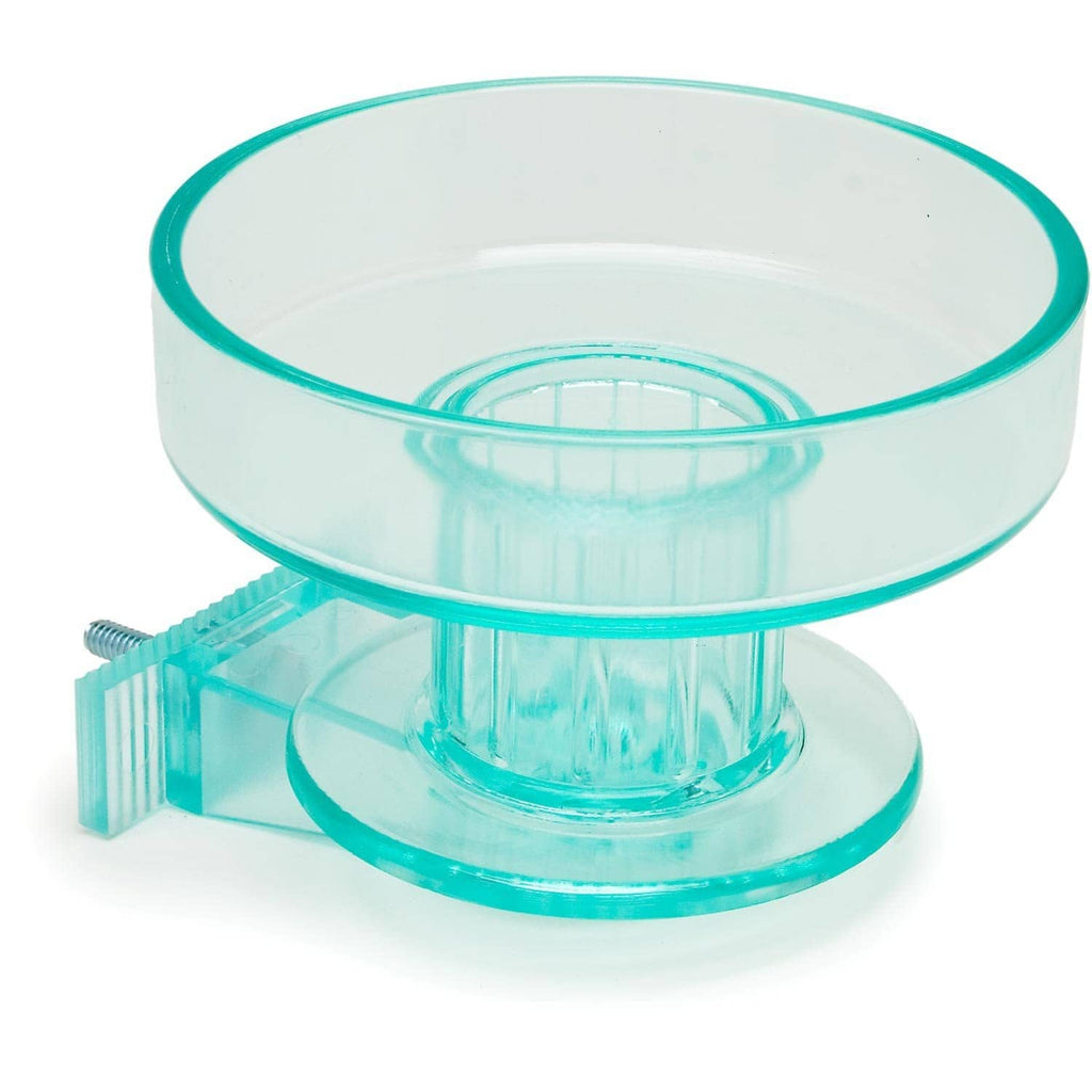 Turquoise plastic bird bath with round shallow bowl and pedestal mount
