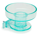 Turquoise plastic bird bath with round shallow bowl and pedestal mount