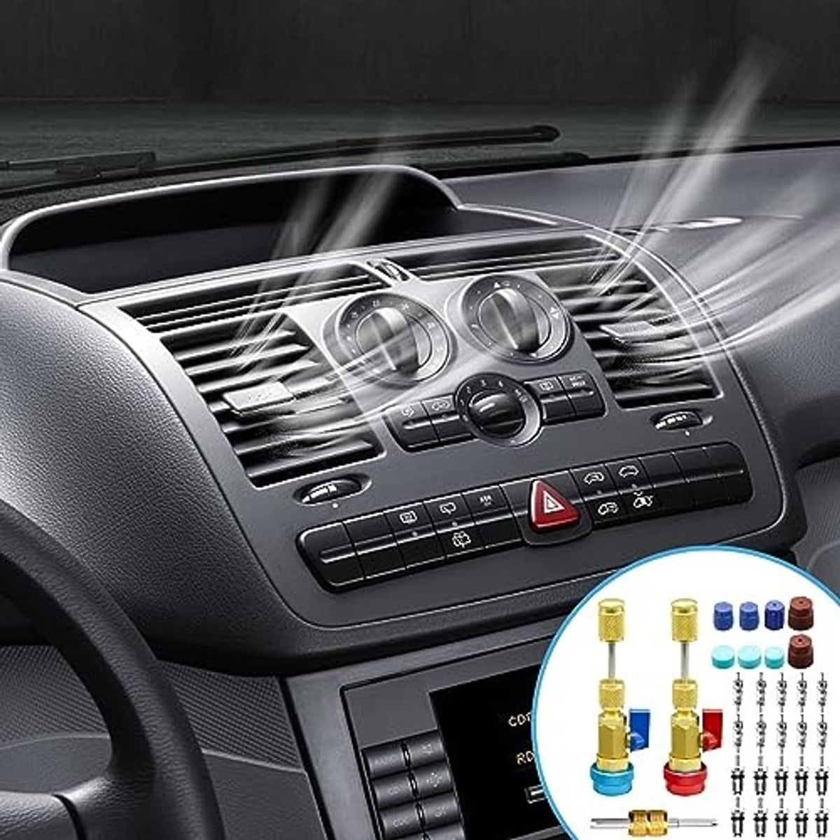 Brass AC couplers and valve core kit shown with valve caps near car dashboard