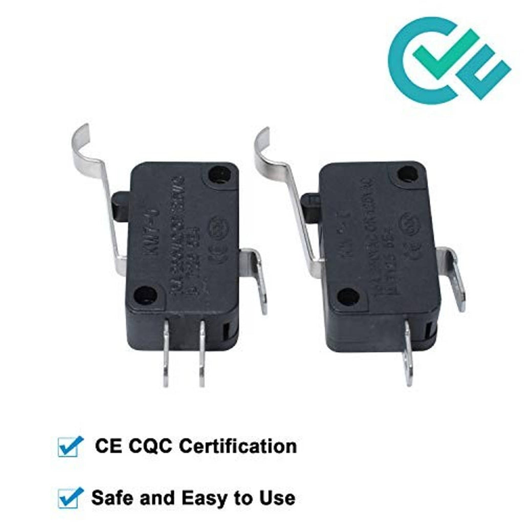 Two black micro switches with metal pins and curved lever terminals.
