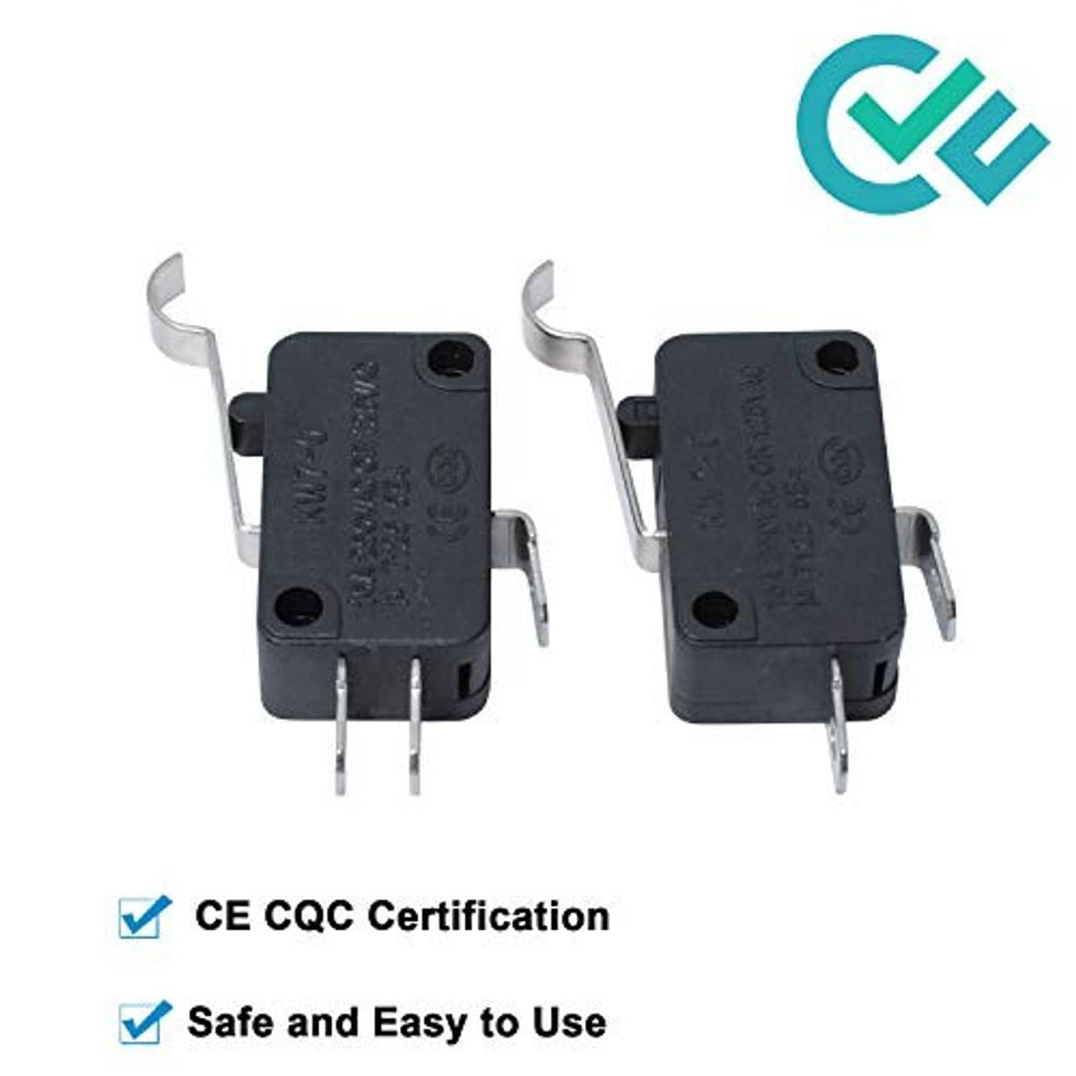Two black micro switches with metal pins and curved lever terminals.