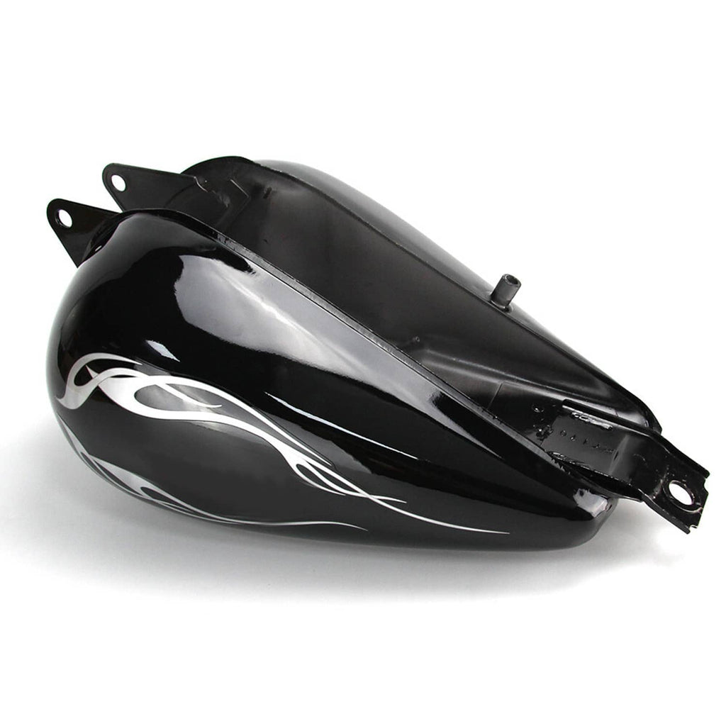 Black motorcycle fuel tank with silver flame graphics and front mounting bracket