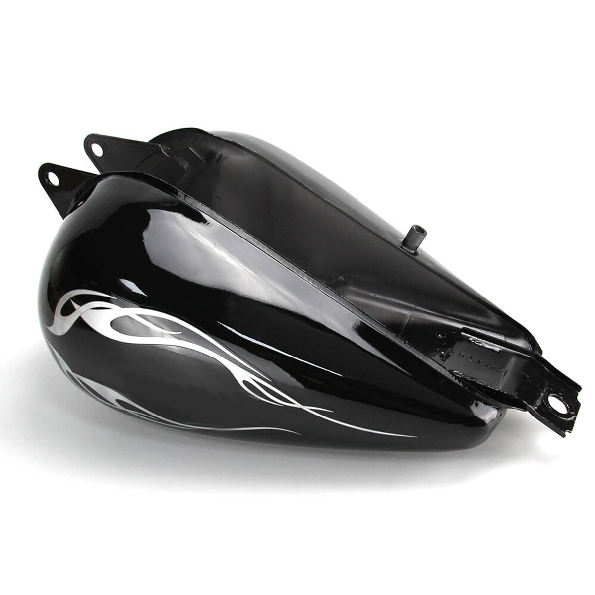Black motorcycle fuel tank with silver flame graphics and front mounting bracket