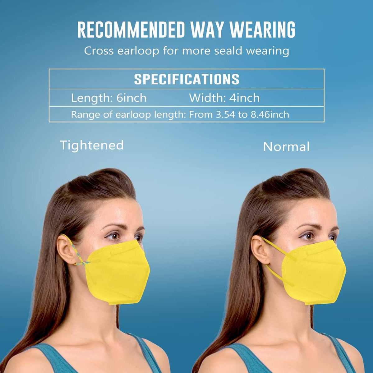 Yellow KN95 face mask worn by person with cross earloop fit