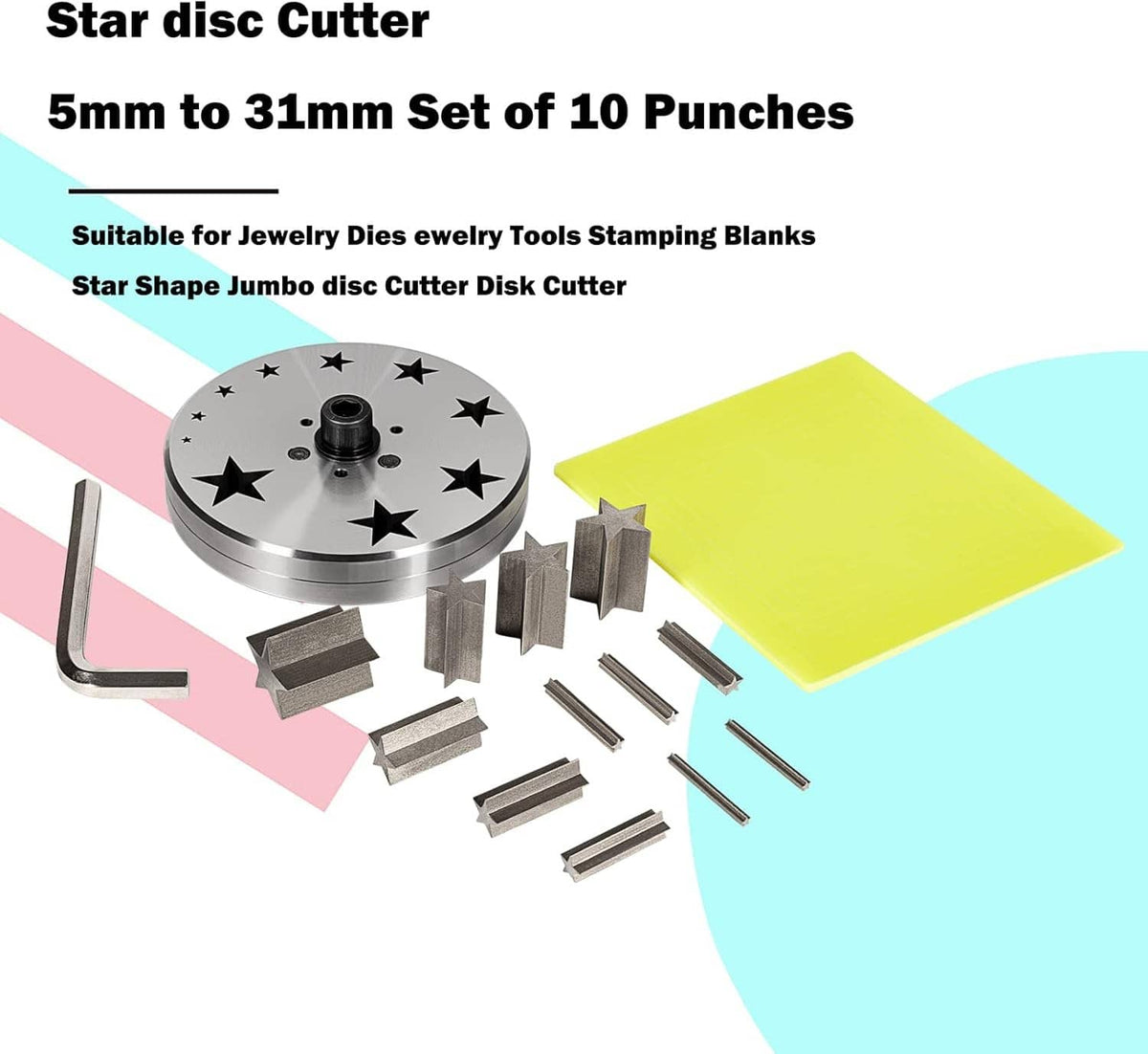 Star disc cutter set: circular plate with star dies and 10 punches with yellow base