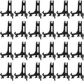 Set of 24 mini plastic picture display easels, black, with foldable front feet.