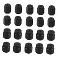 Set of black air conditioning valve cores, ridged plastic caps with central openings