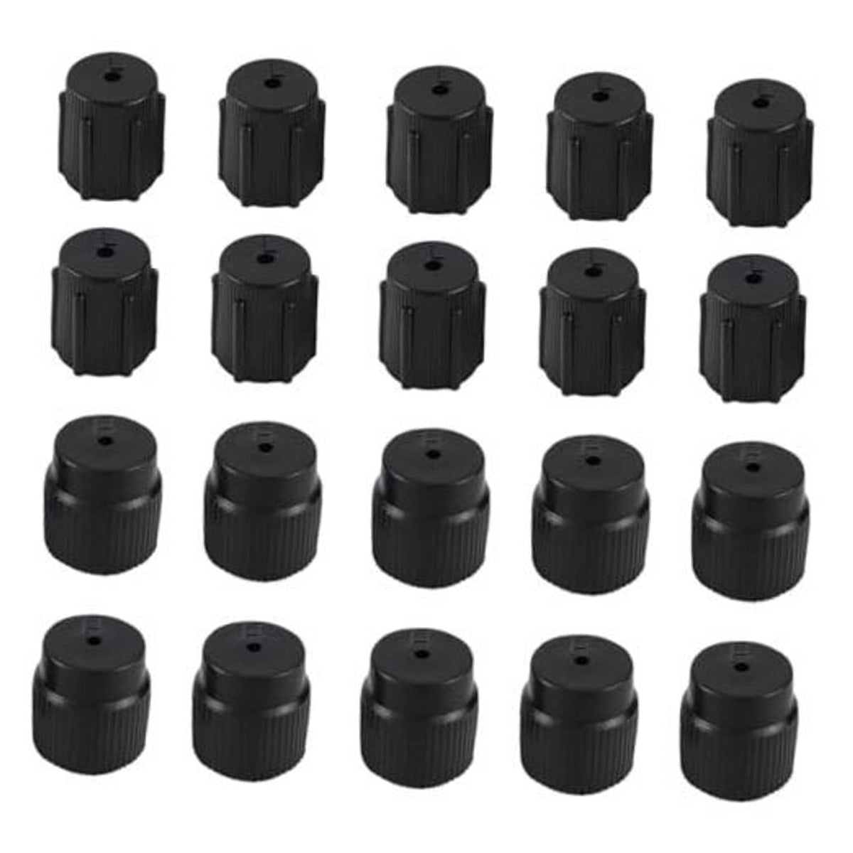 Set of black air conditioning valve cores, ridged plastic caps with central openings