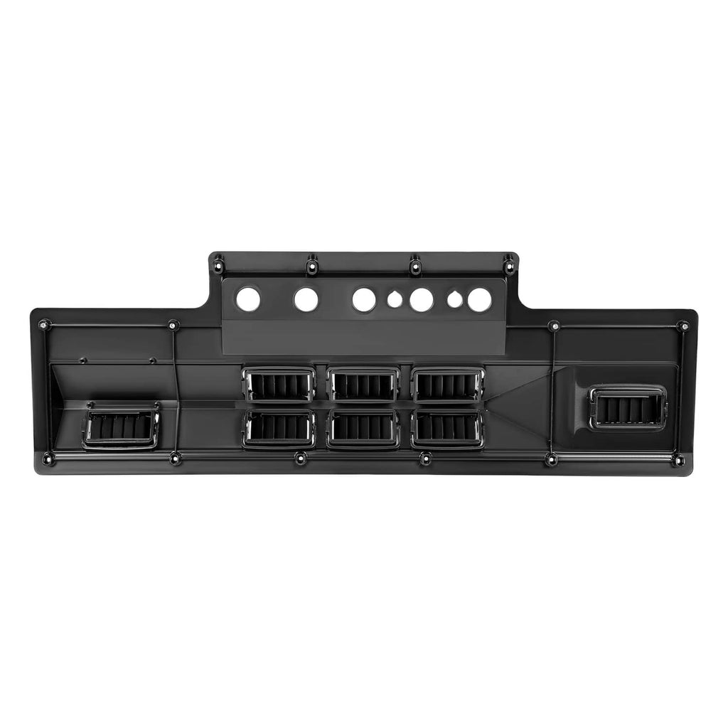 Black A/C control panel bezel with raised vent openings, side air vents, and mounting holes