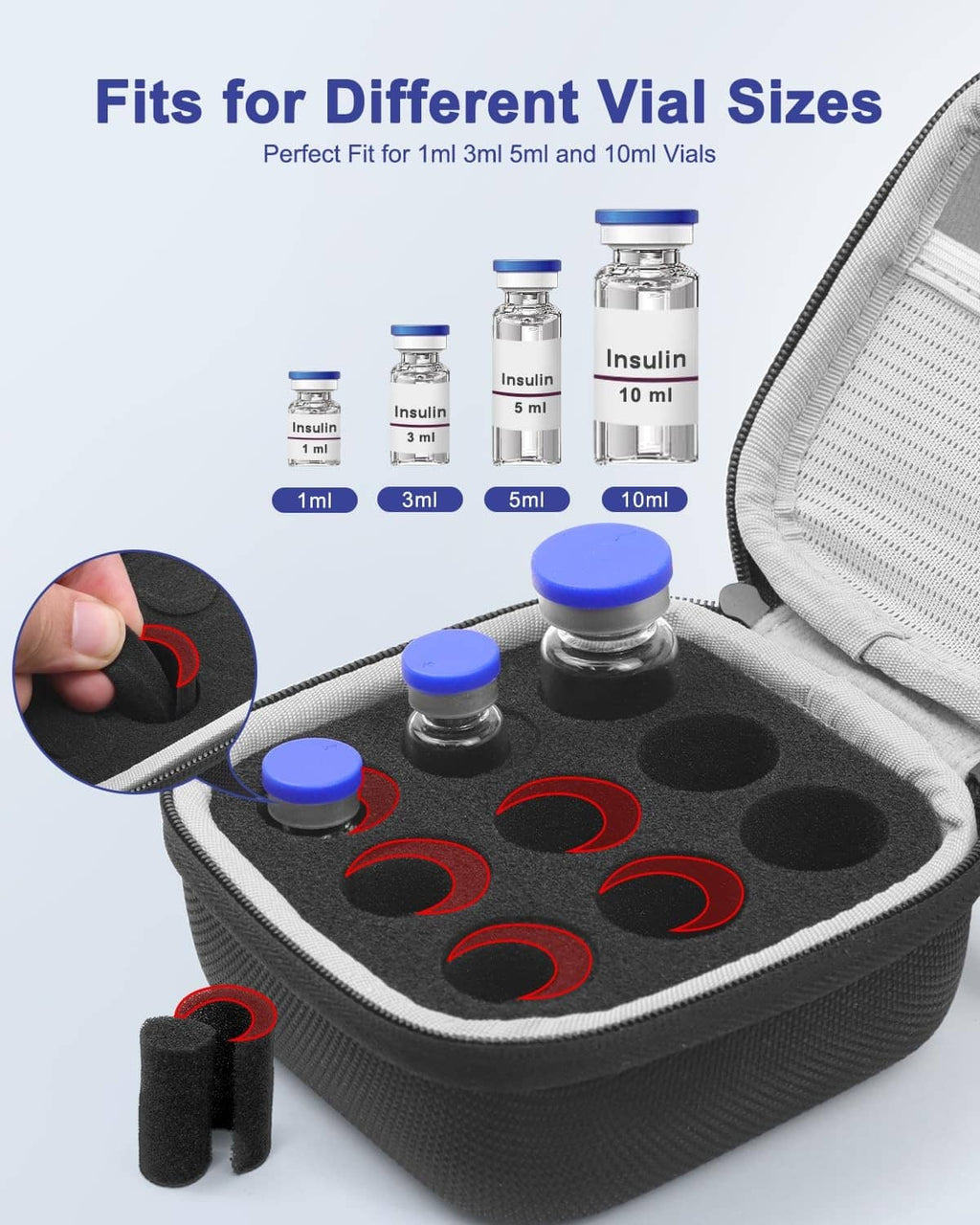 Black travel vial case open, showing foam slot layout for multiple vials of different sizes