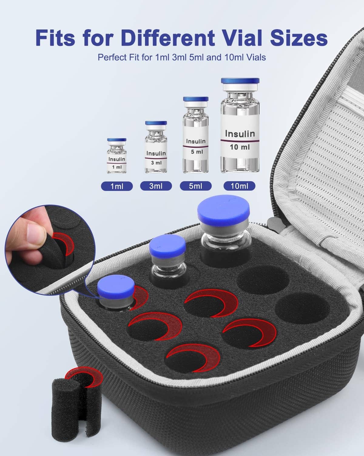 Black travel vial case open, showing foam slot layout for multiple vials of different sizes