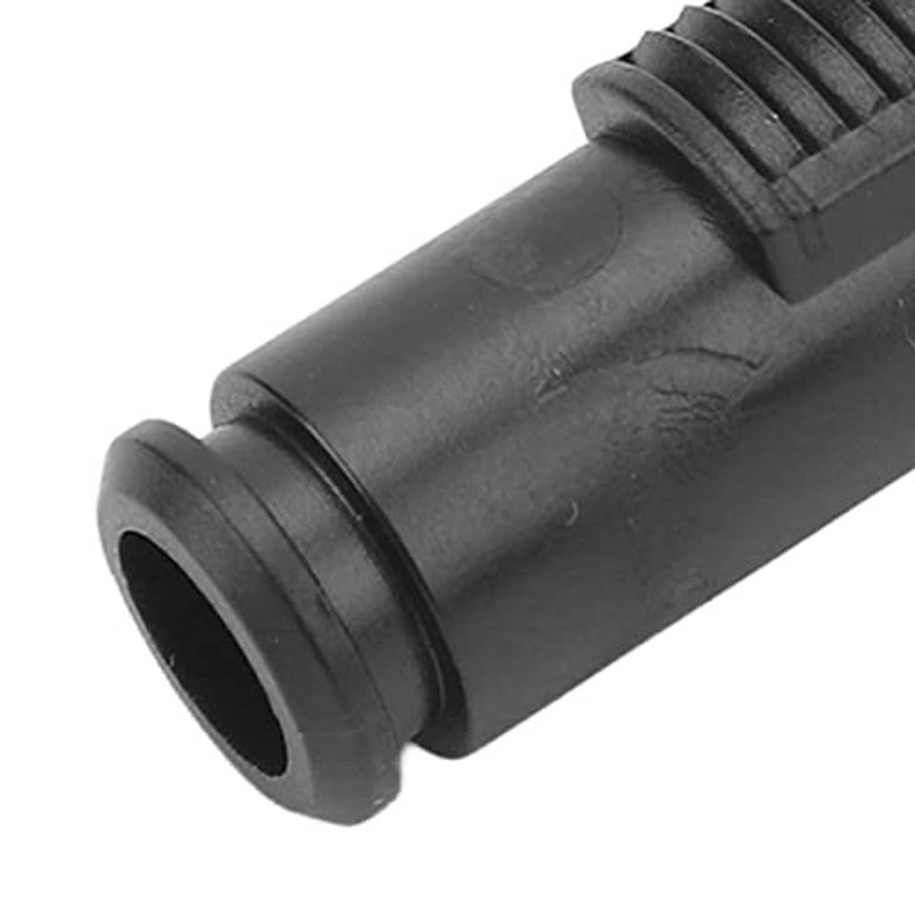 Black washer nozzle connector with ridged rings and flat mounting end