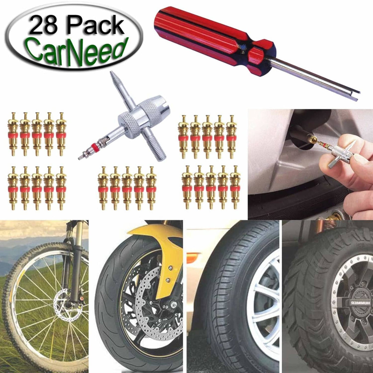 Tire valve core tool kit with red screwdriver, blue adapter, and multiple brass cores