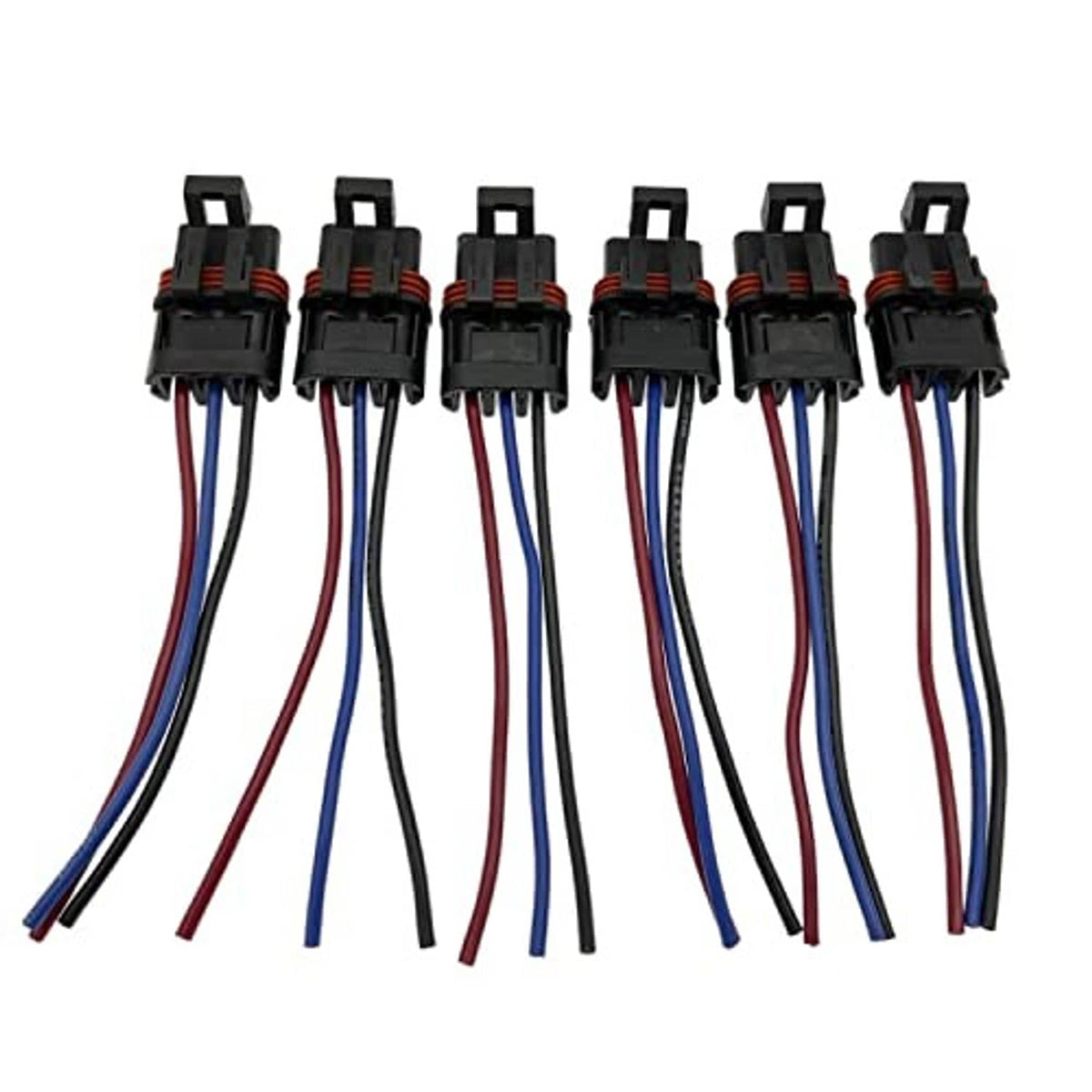 Pulse power plug pigtail connectors, 6-pack, front view of black plug sockets
