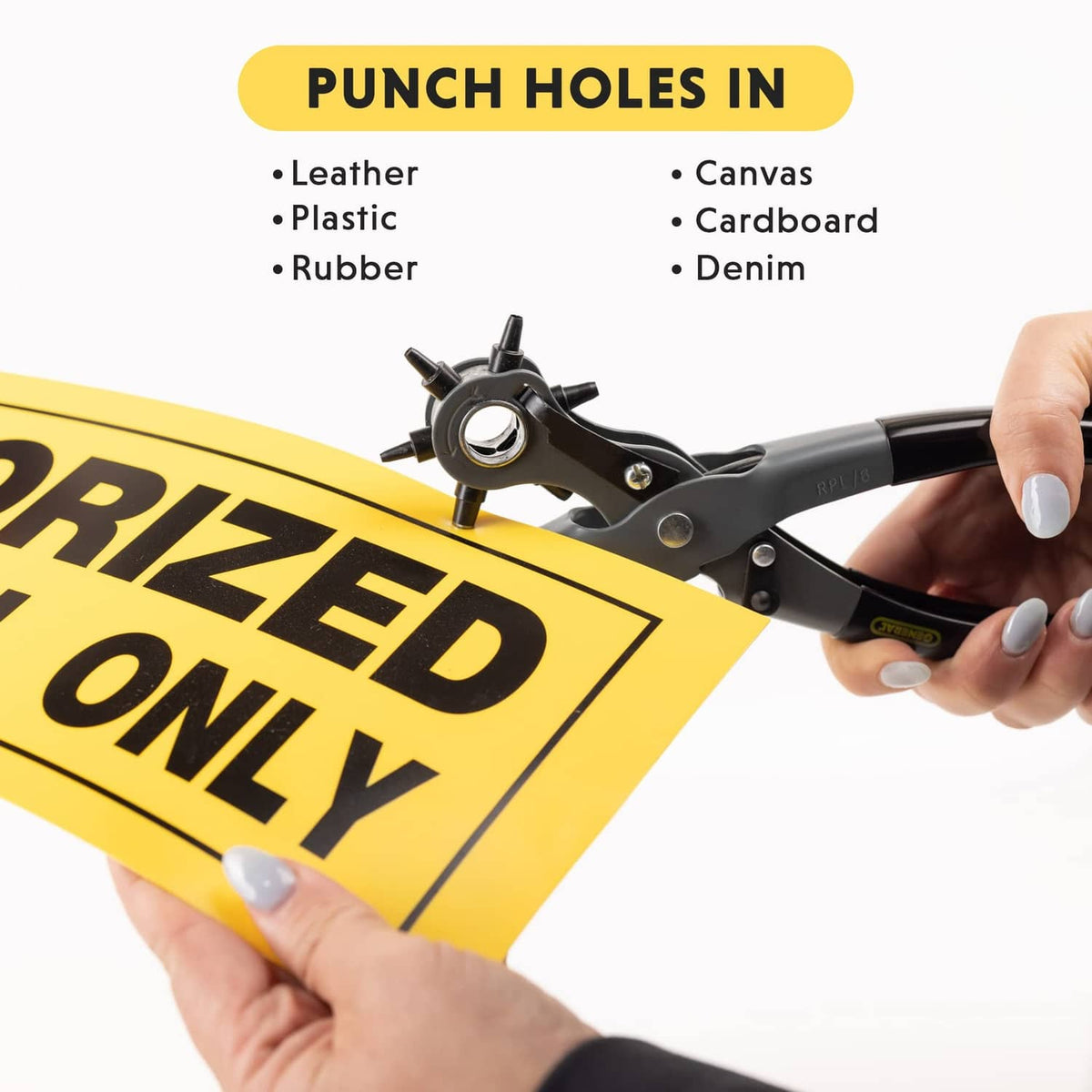 Leather hole punch pliers with black handles positioning punch over material