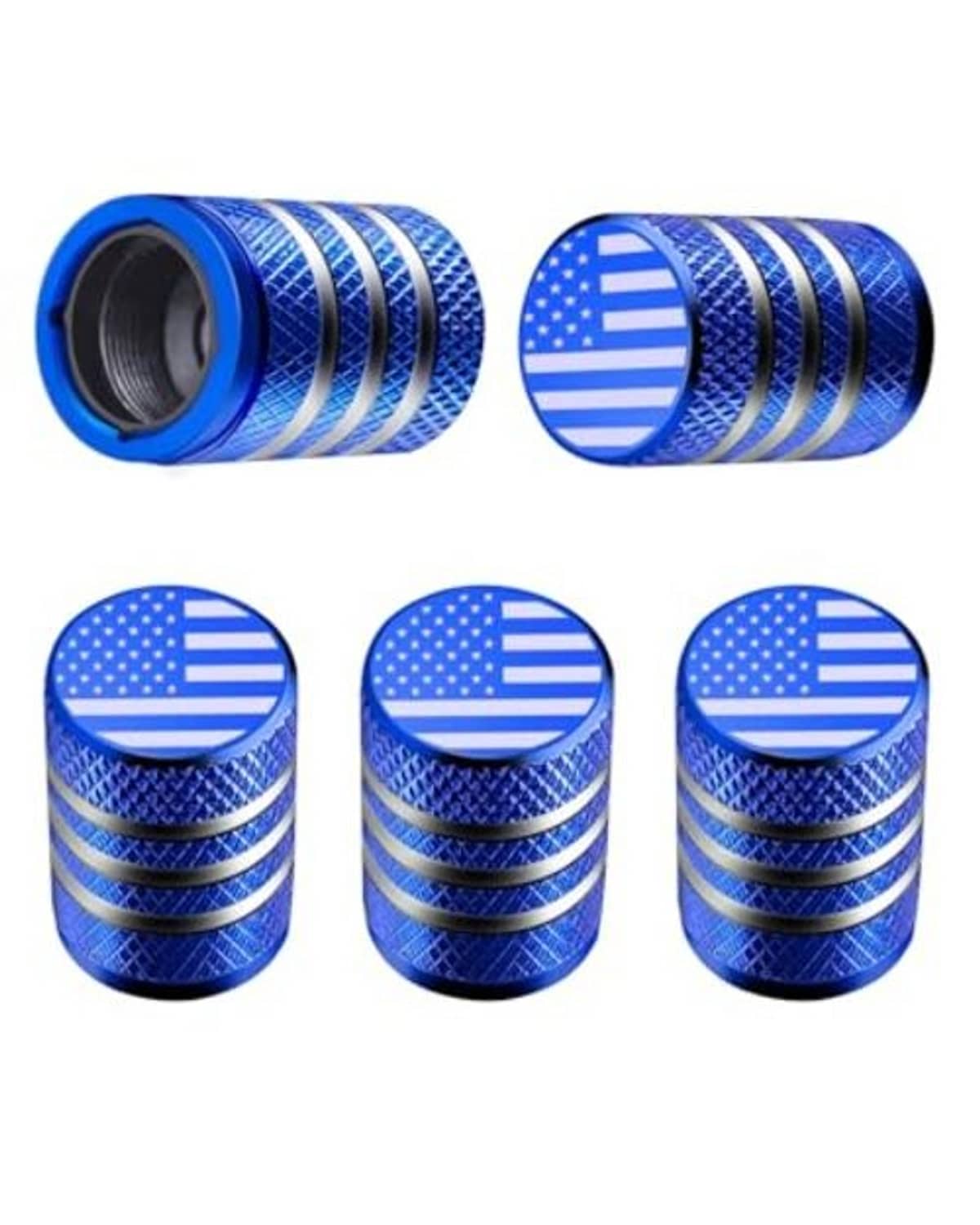 Five-pack blue tire valve stem cap covers with ribbed texture and American flag face