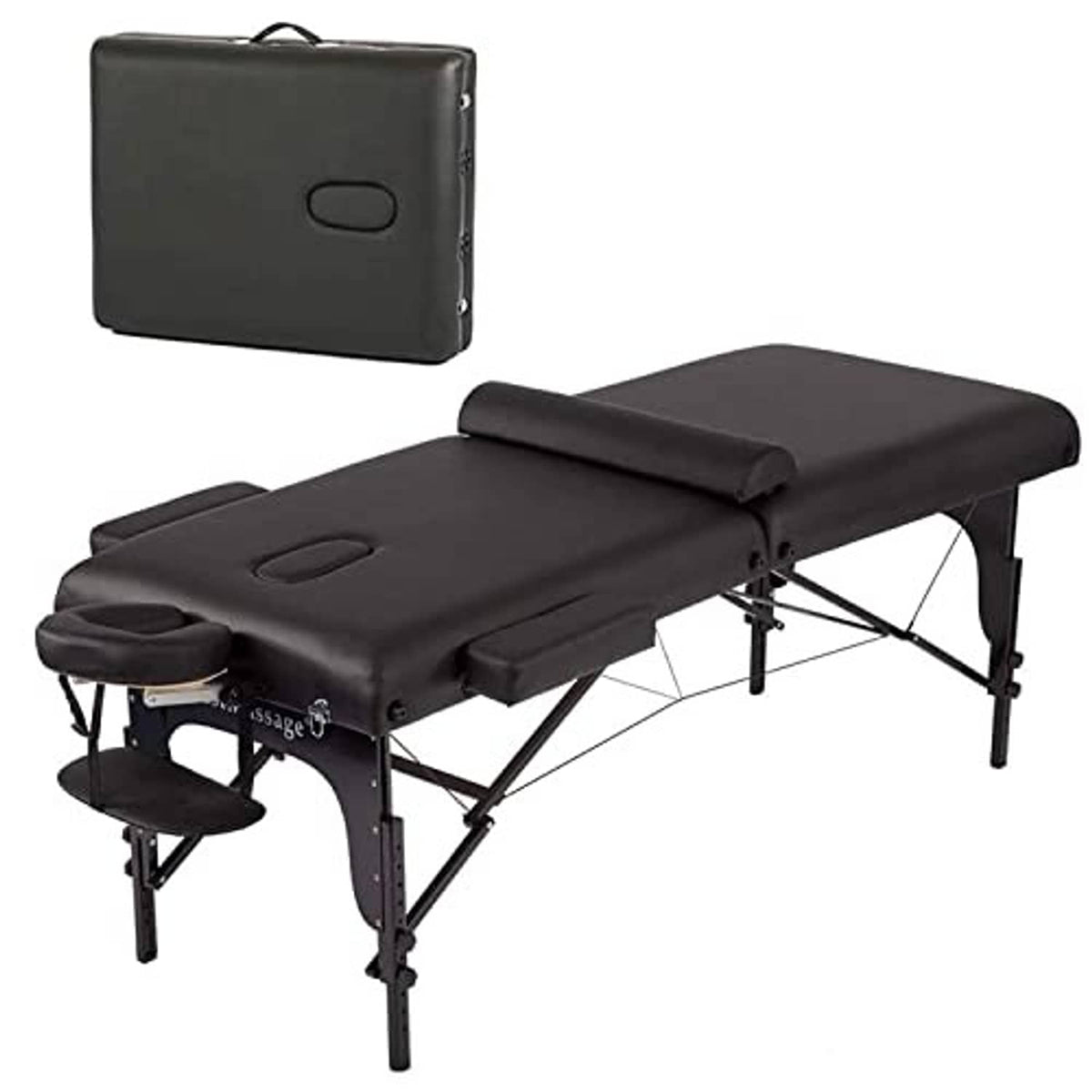 Black portable massage table with padded cushions and side armrest, foldable frame