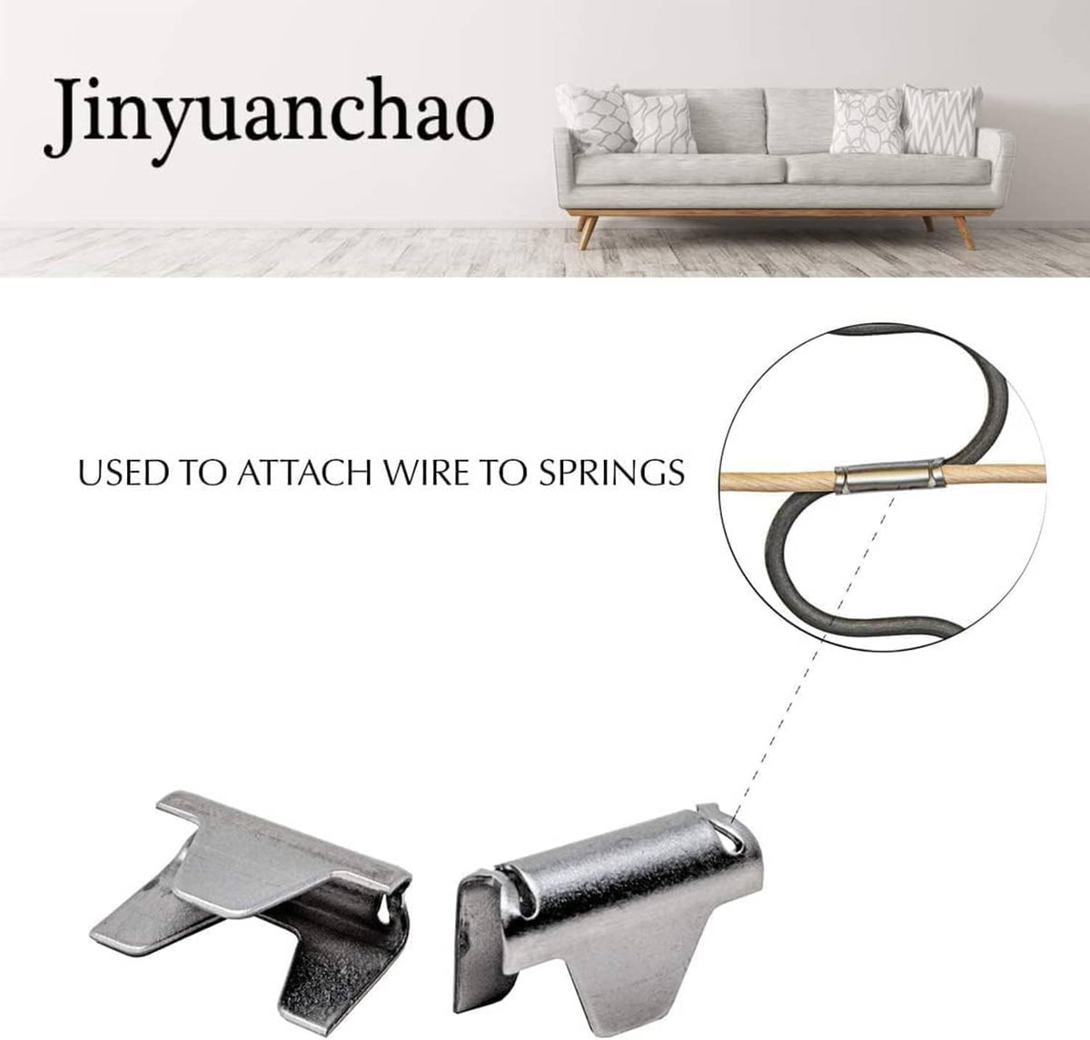 Metal spring repair clips securing a coiled wire, silver hooked stay clips
