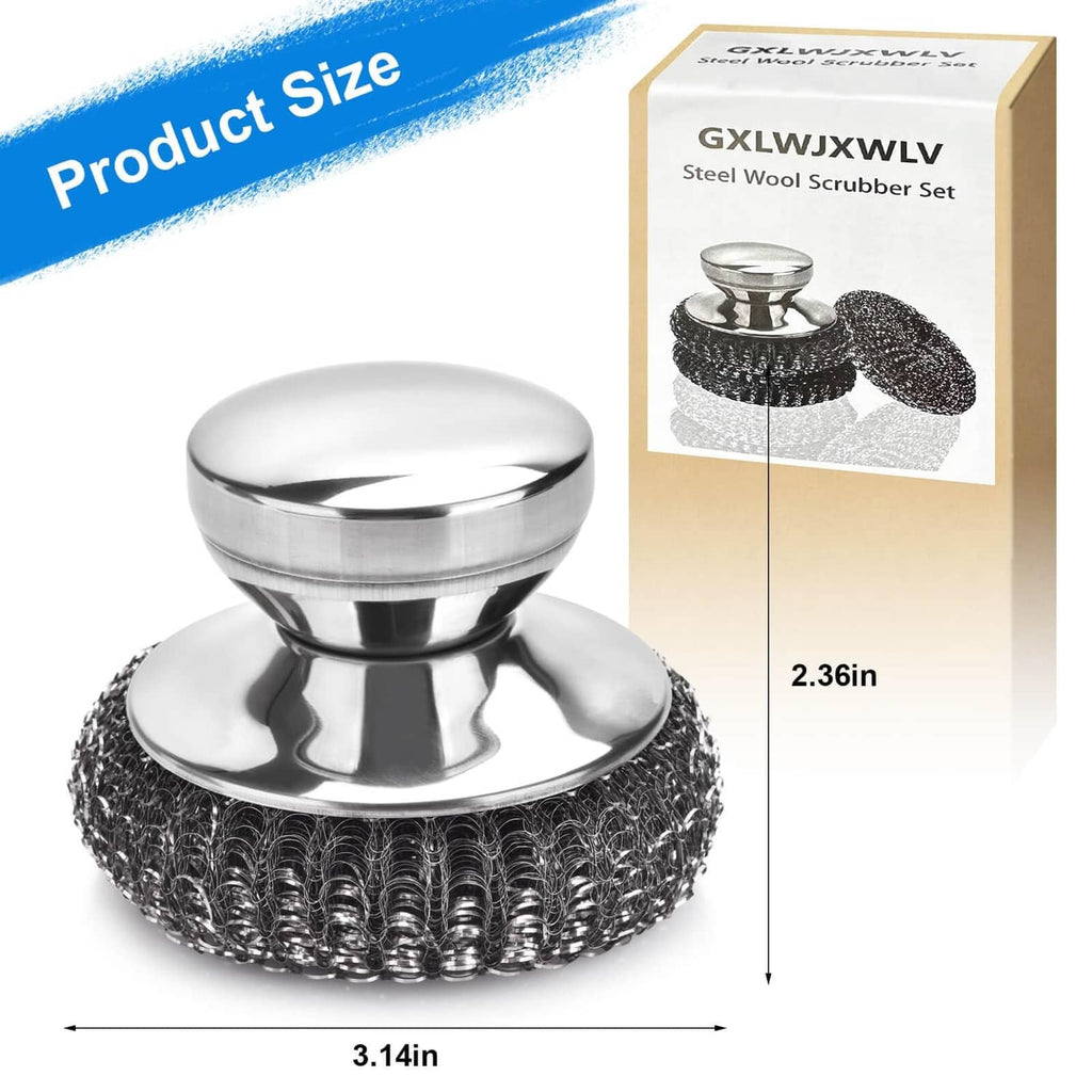 Stainless steel wool scrubber pads with silver holder, circular design