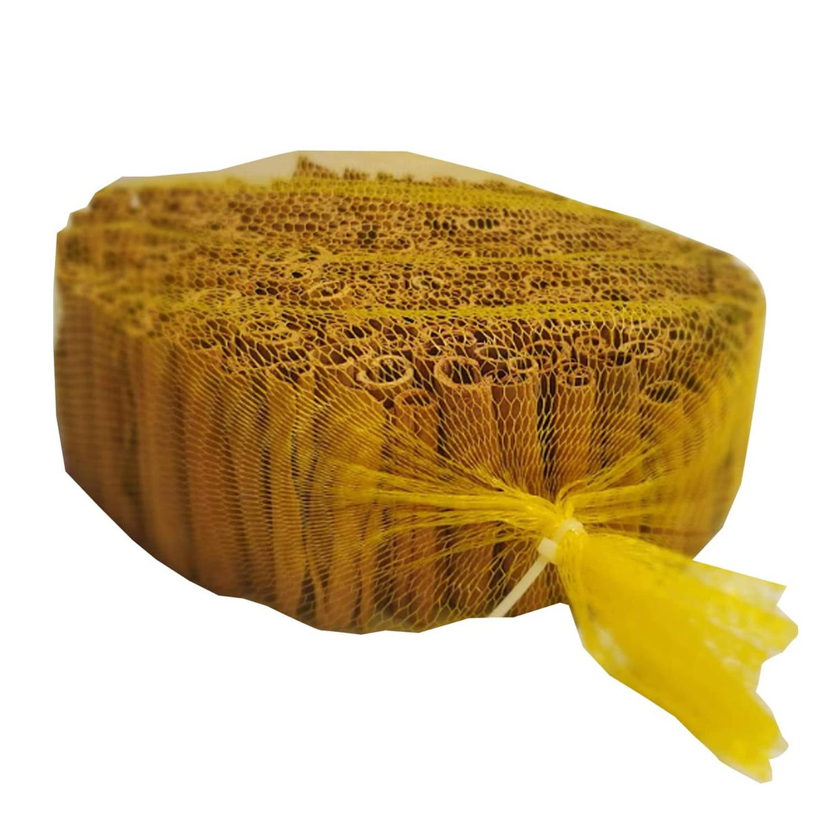 Golden cinnamon stick bundle in mesh wrap with yellow tie