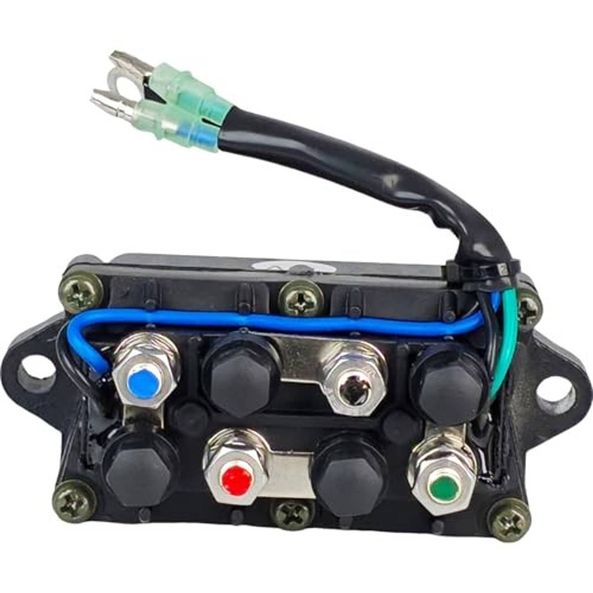 Power trim and tilt relay module with colored terminal caps and mounting bolts