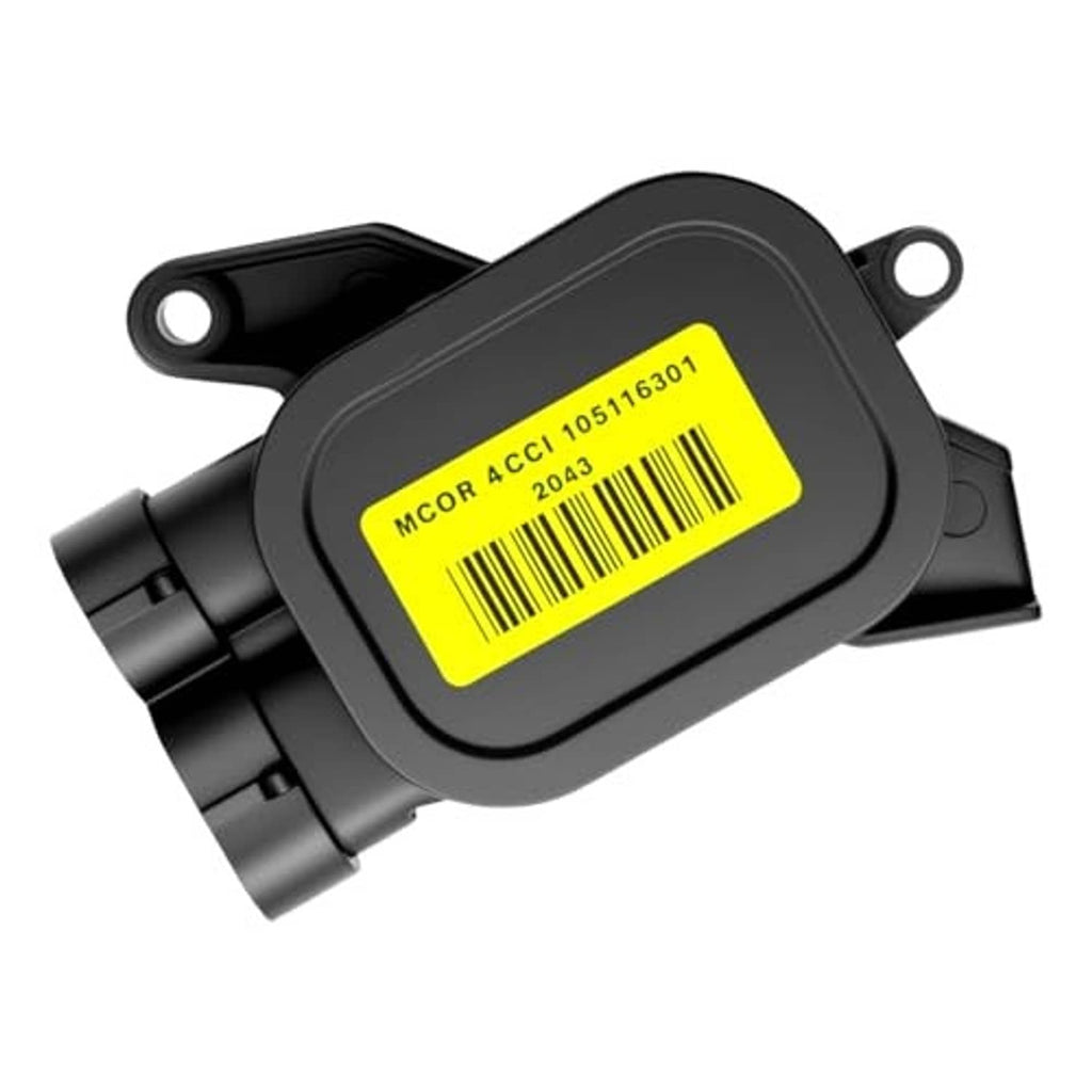 Throttle potentiometer module in dark gray with circular mounting holes and yellow barcode label
