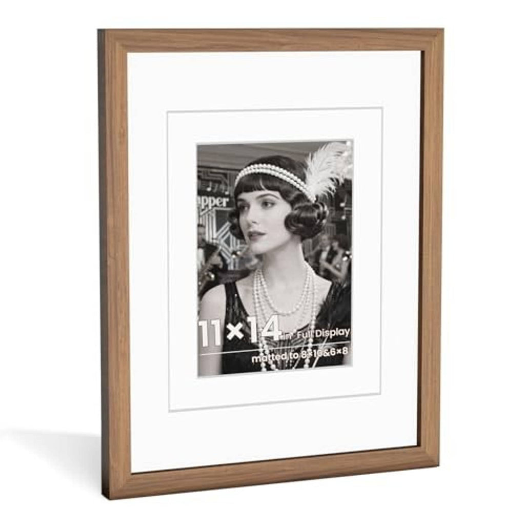 Walnut wood 11x14 frame with HD glass and white double mat, front angle.