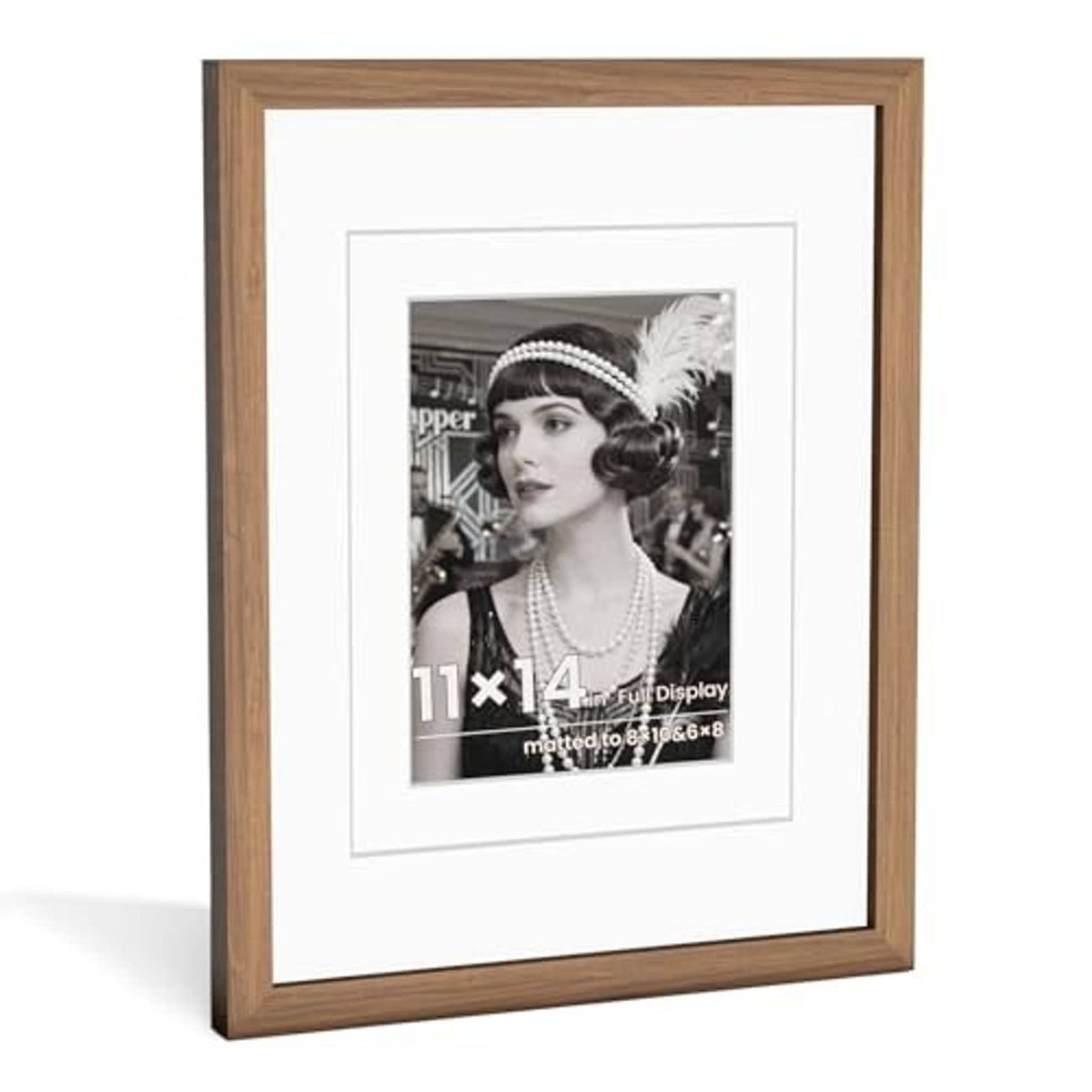 Walnut wood 11x14 frame with HD glass and white double mat, front angle.