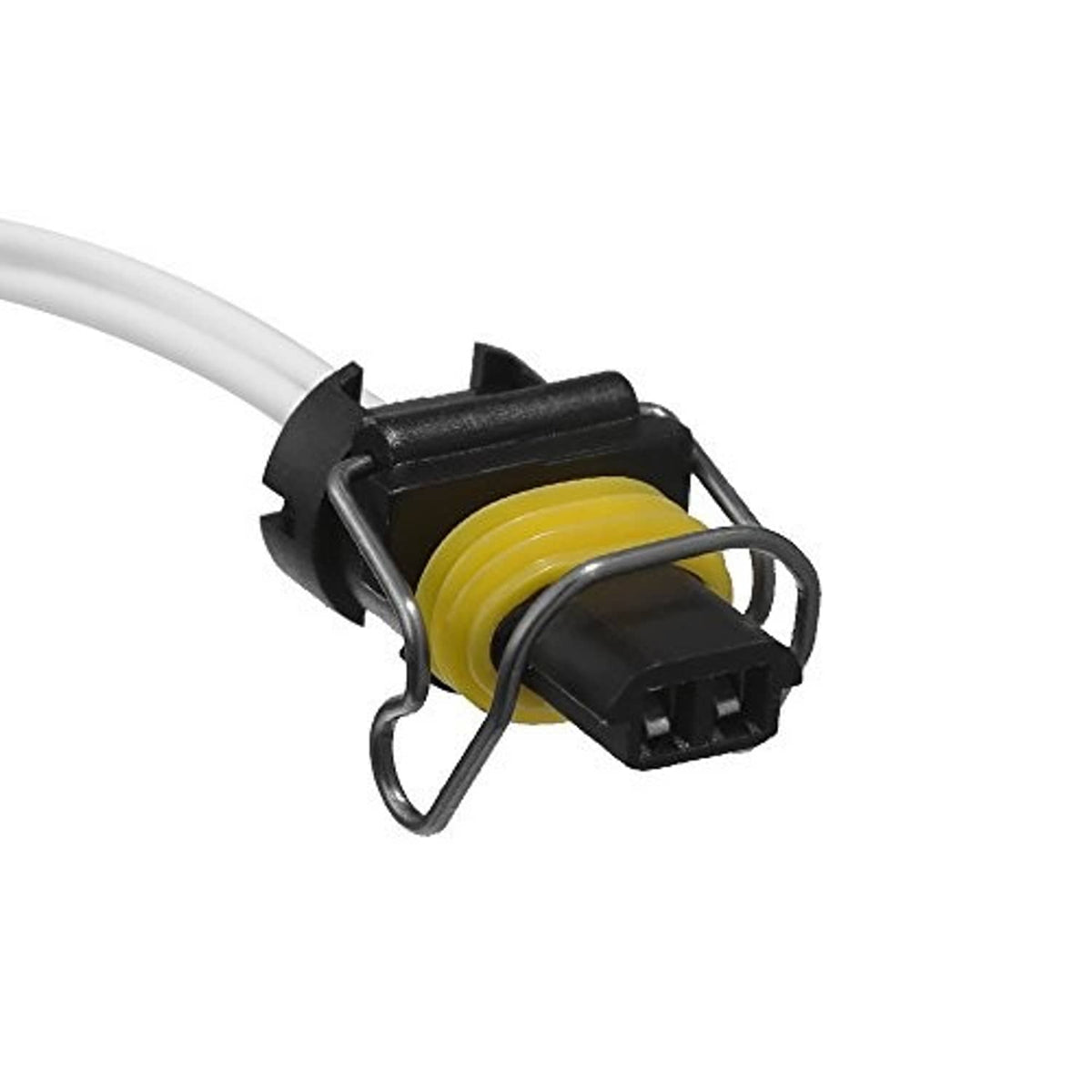 2-wire pigtail connector close-up: black plug with yellow center and metal retention rings