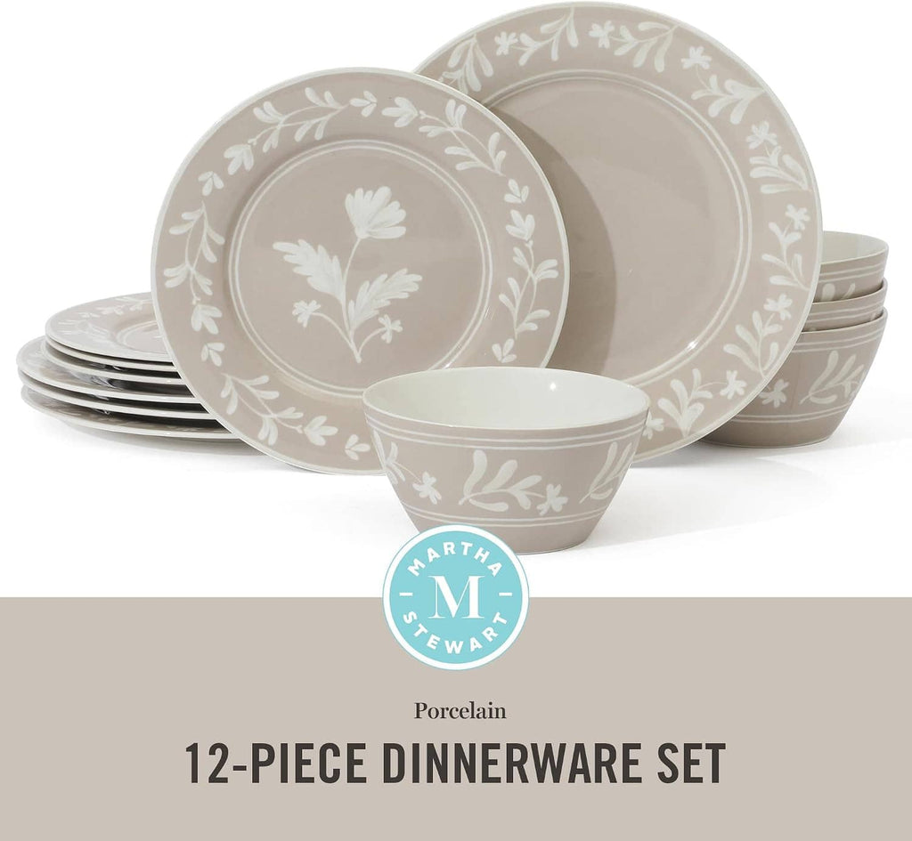 Taupe 12-piece porcelain dinnerware set with white floral border plates and bowls