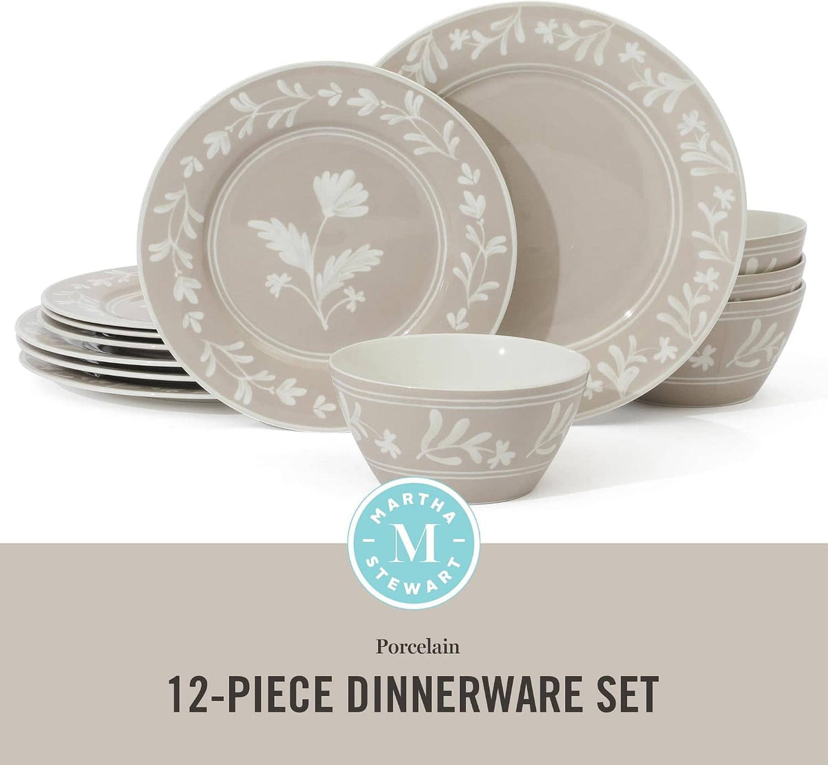 Taupe 12-piece porcelain dinnerware set with white floral border plates and bowls