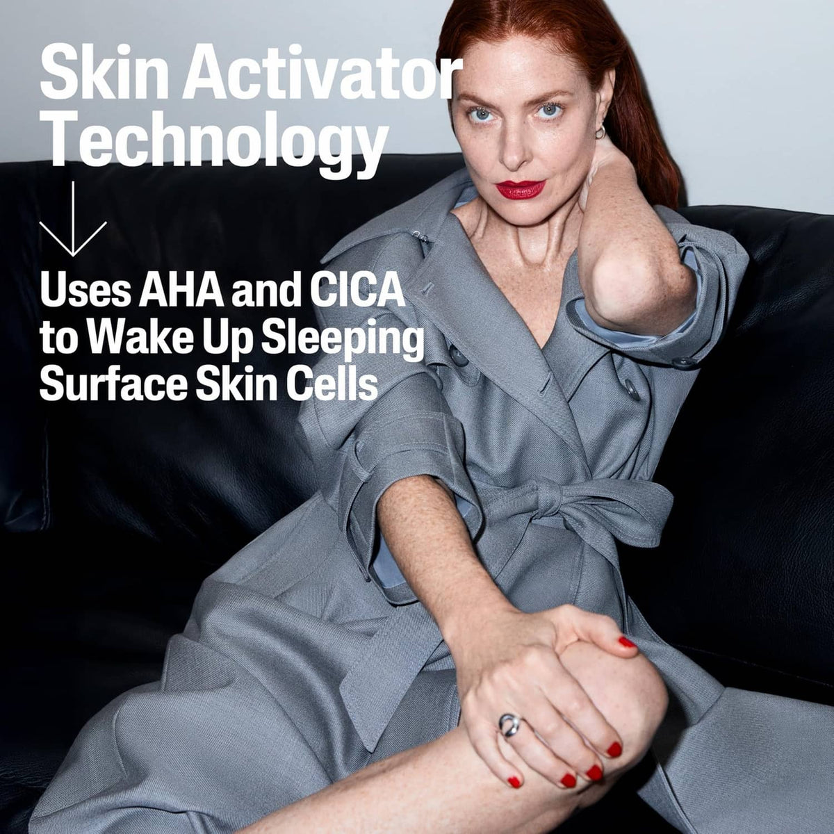Woman holding a gray-lidded cream jar; “Skin Activator Technology” callout